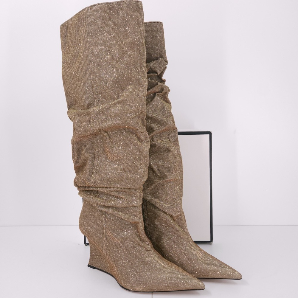 Steve Madden Distortion Knee‎ High Slouch Wedge Boots Gold Glitter Womens Size 9